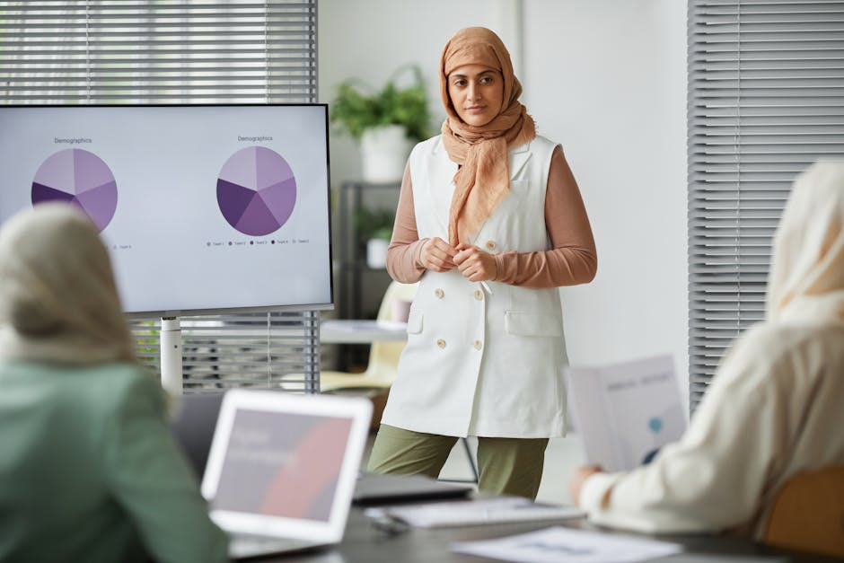 Muslim businesswoman in hijab giving a presentation with graphs in an office meeting setting.